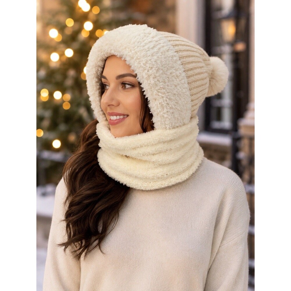 3 in 1 Womens Winter Knit Beanie With An Integrated Plush Fleece-lined Hood